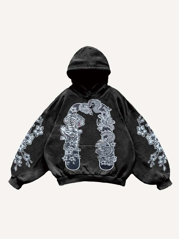Tiger&Dragon&Graphic Print Slant Pockets Hoodie