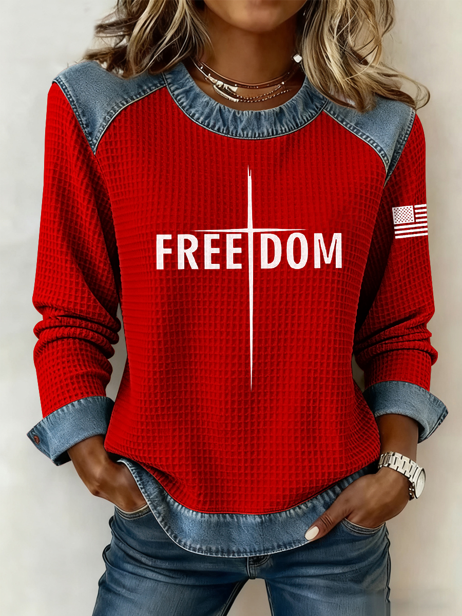 Women's Freedom 1776-2026Flag Printed  Denim Patchwork Waffle Top
