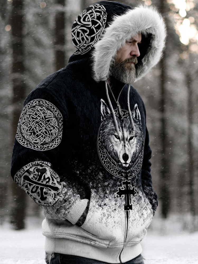 Men's Black And White Gradient Wolf Head Design Knitted Hoodie Sweater Jacket