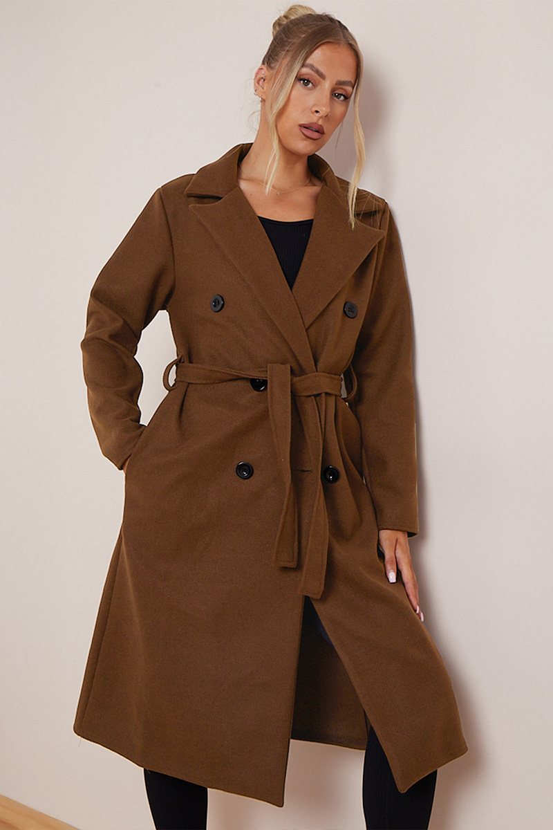 Classy Notch Lapel Double Breasted Waist Tie Thermal Coat