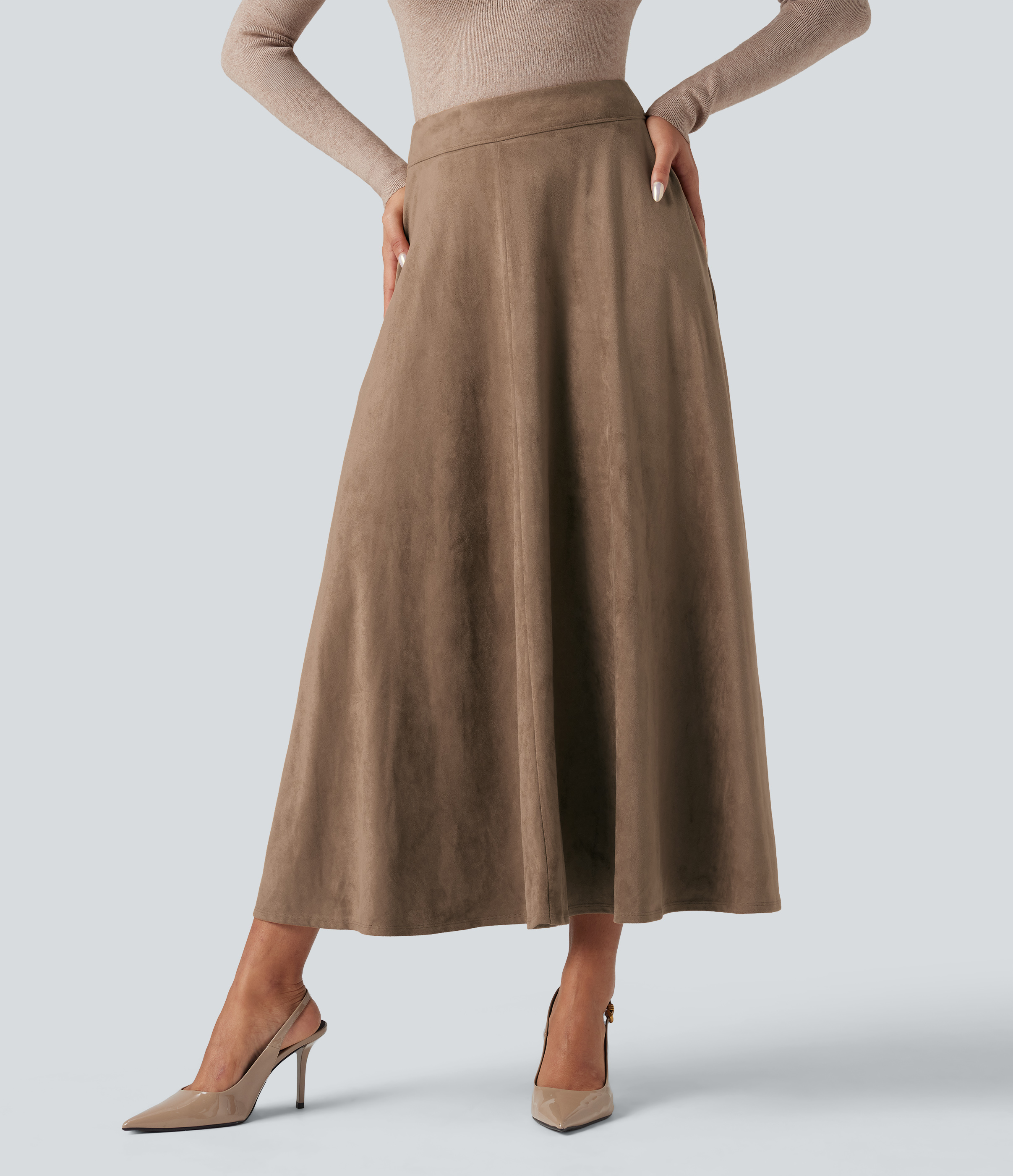 High Waisted Suede Midi Casual Flare Skirt with Pockets