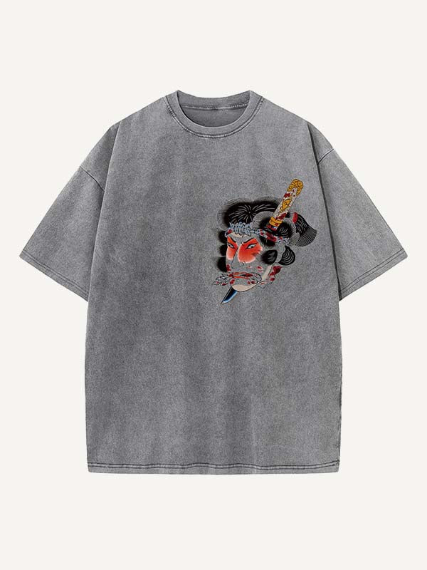 Distressed Washed Figure&Graphic&Snake Print Round Neck T-shirt