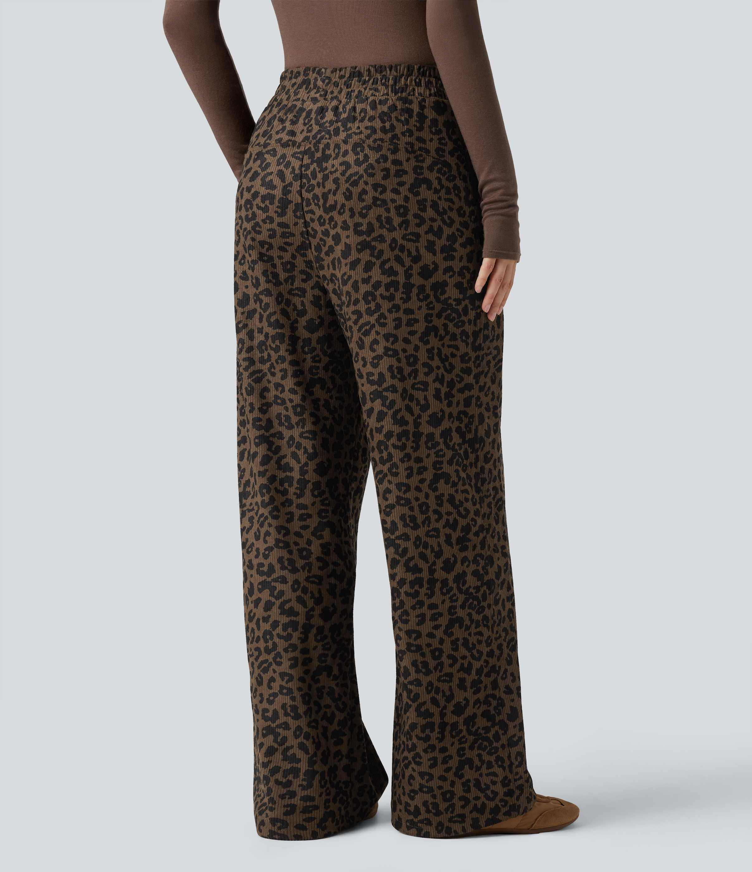 High Waisted Straight Leg Mop Leopard Print Corduroy Casual Pants with Pockets