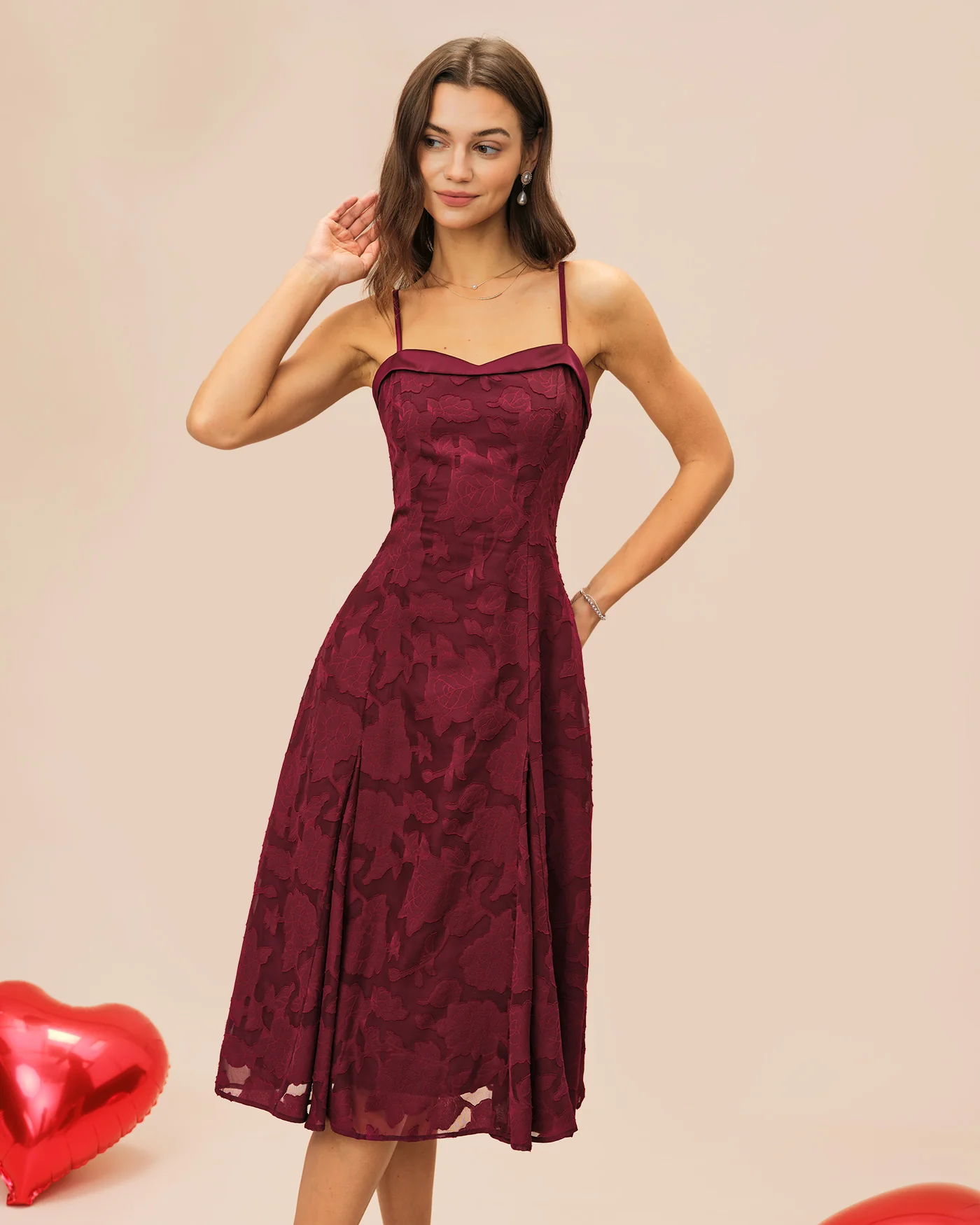Wine Red Sweetheart Neck Jacquard Slip Midi Dress