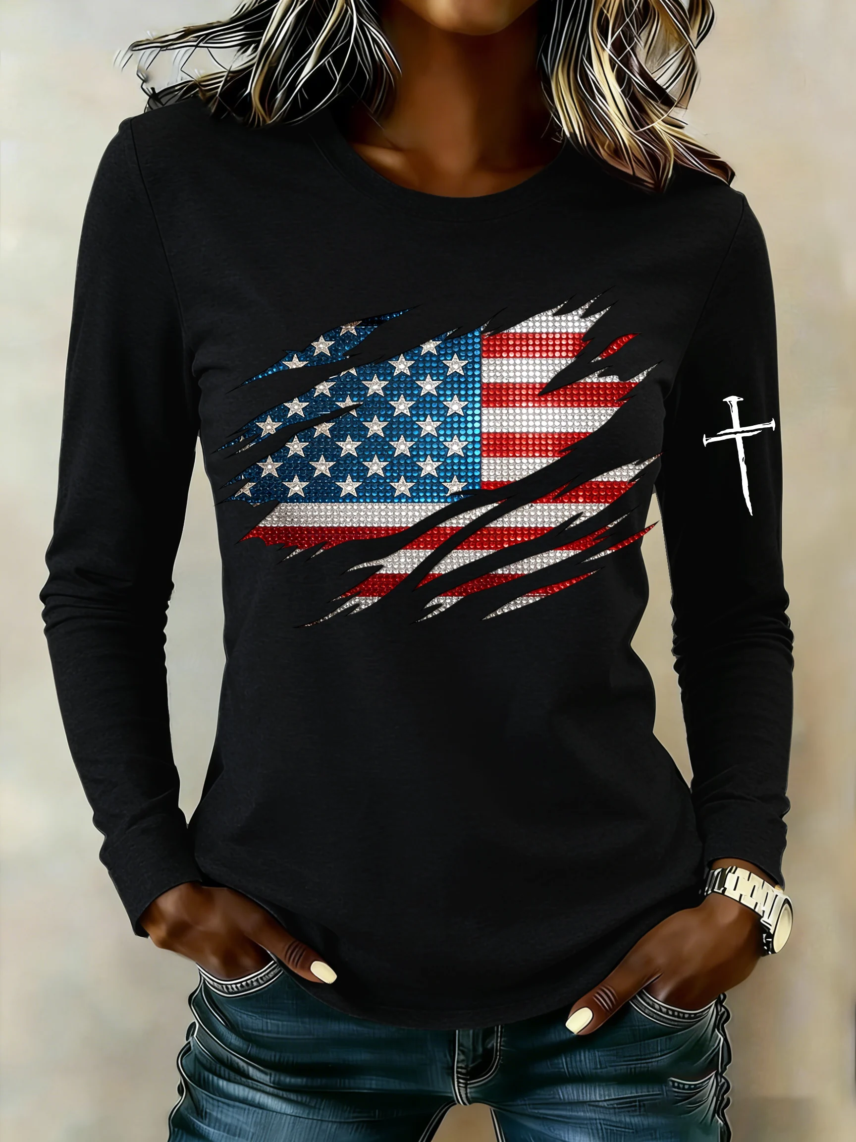 Women's casual American patriotic long-sleeved T-shirt