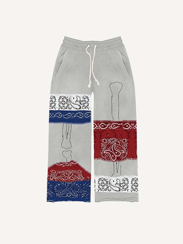 Colorblock Skeleton&Paisley Print Elastic Waist Pants