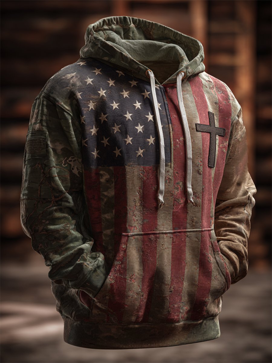 Men's Vintage Casual American Flag Cross Faith Hoodie