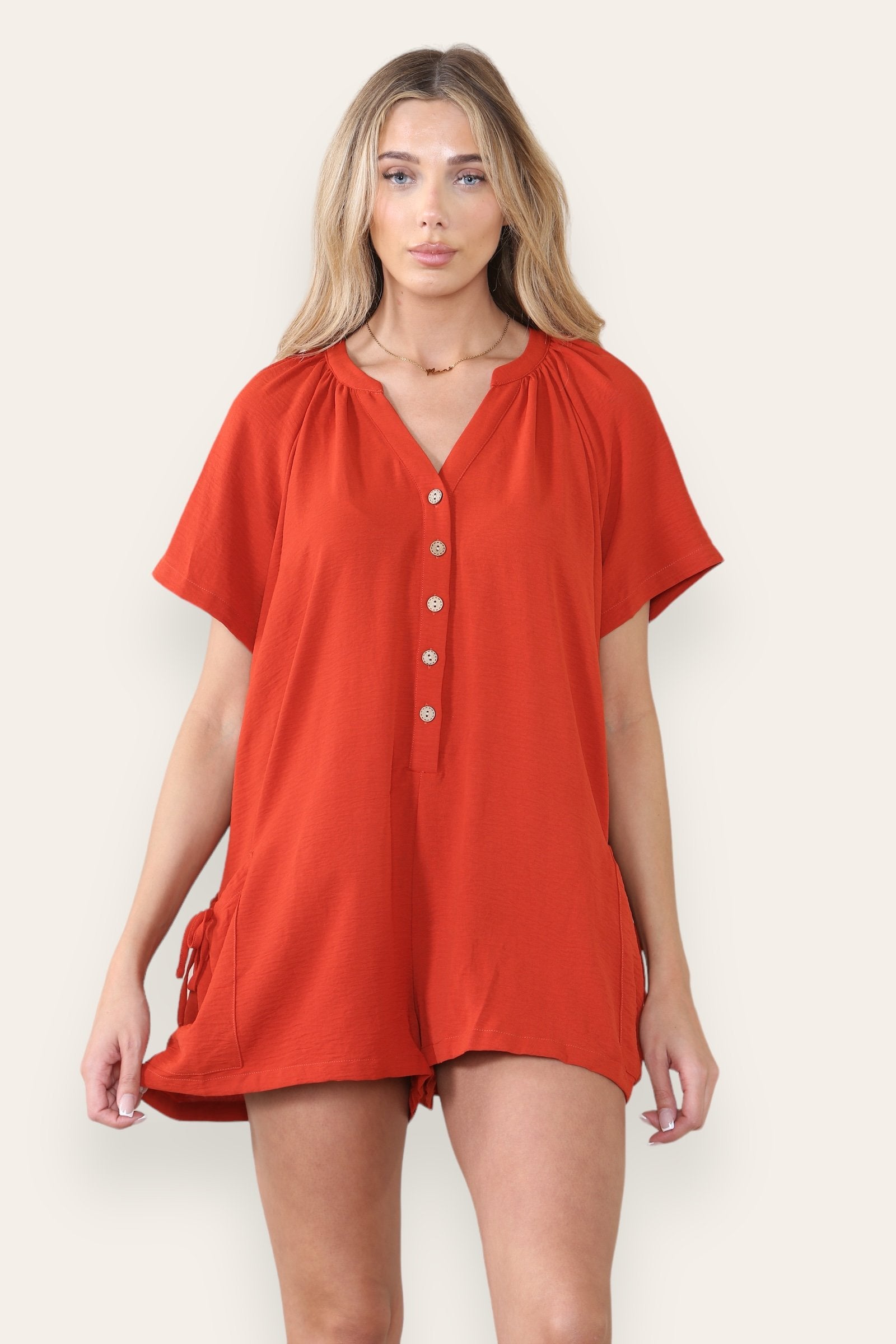 Plain V Neck Partial Button Baggy Pocket Playsuit