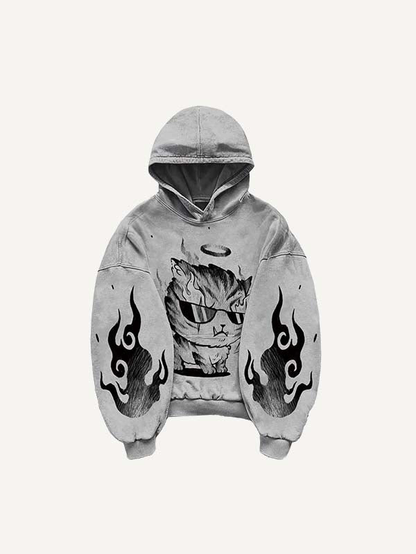 Little Tiger&Wing&Fire Print Slant Pockets Hoodie