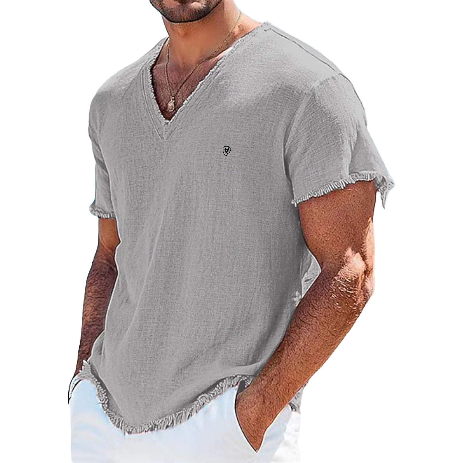 Men's Tee Top Linen T-Shirt Short Sleeves V Neck Summer Plain Fashion Designer Basic Soft Beach Vacation Casual Daily Light Blue Black White Top Tee for Men