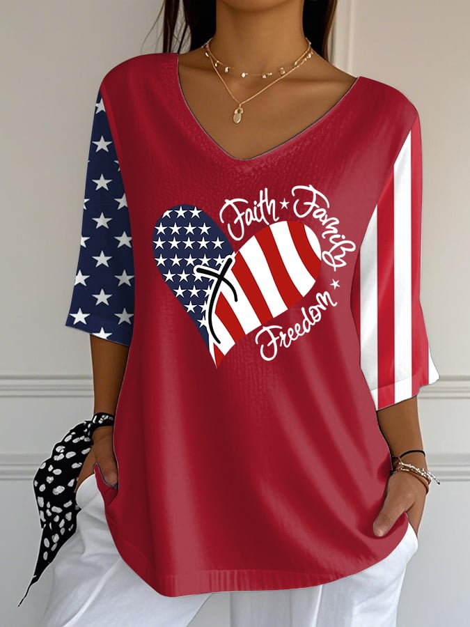 Women's Independence Day Love Faith Family Freedom Print Mid Sleeve T-Shirt
