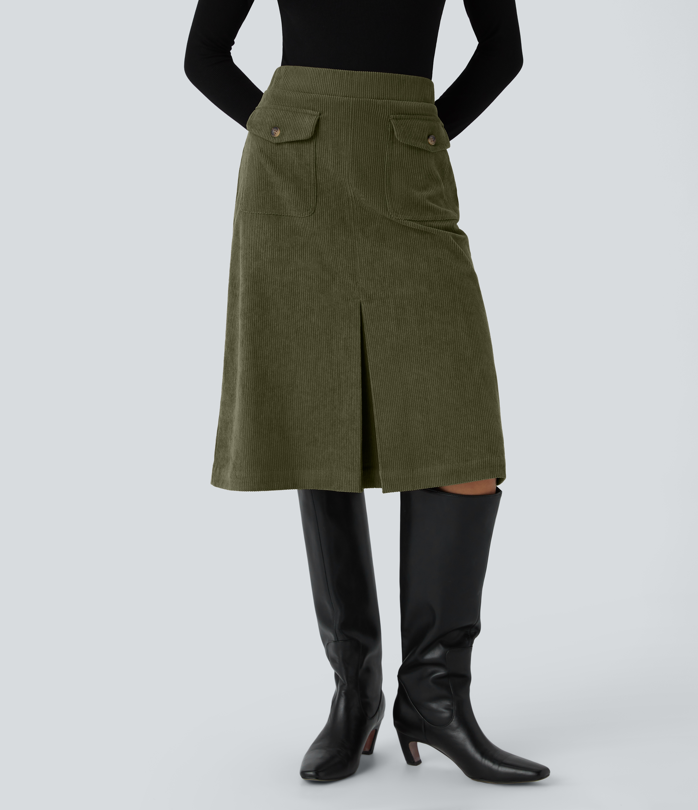 Mid Rise Front Side Flap Pocket Midi Corduroy Casual Skirt