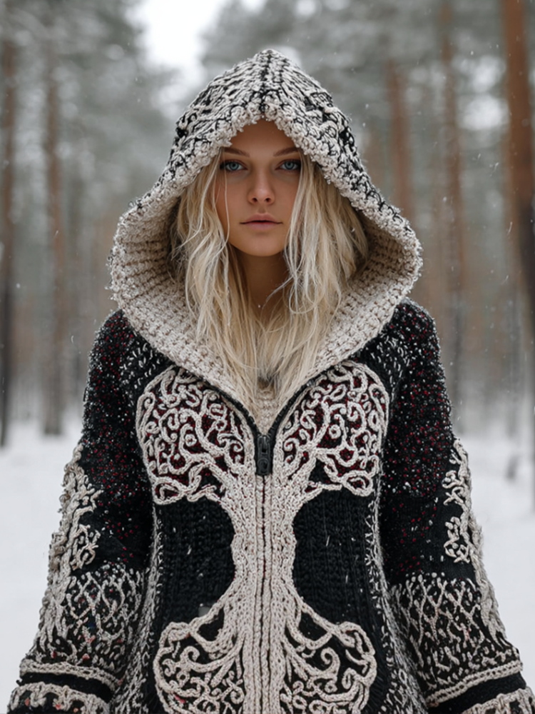 Viking Retro Style Women's Winter Warm Hooded Knit Sweater Jacket