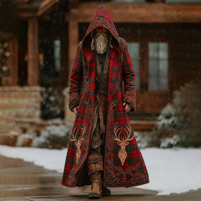 Men's Autumn Winter Christmas Plaid With Celtic Knot Deer Pattern Hooded Kaftan Cloak Jacket