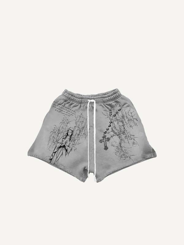 Cross&Mary&Pray&Letter&Graphic Print Drawstring Waist Shorts