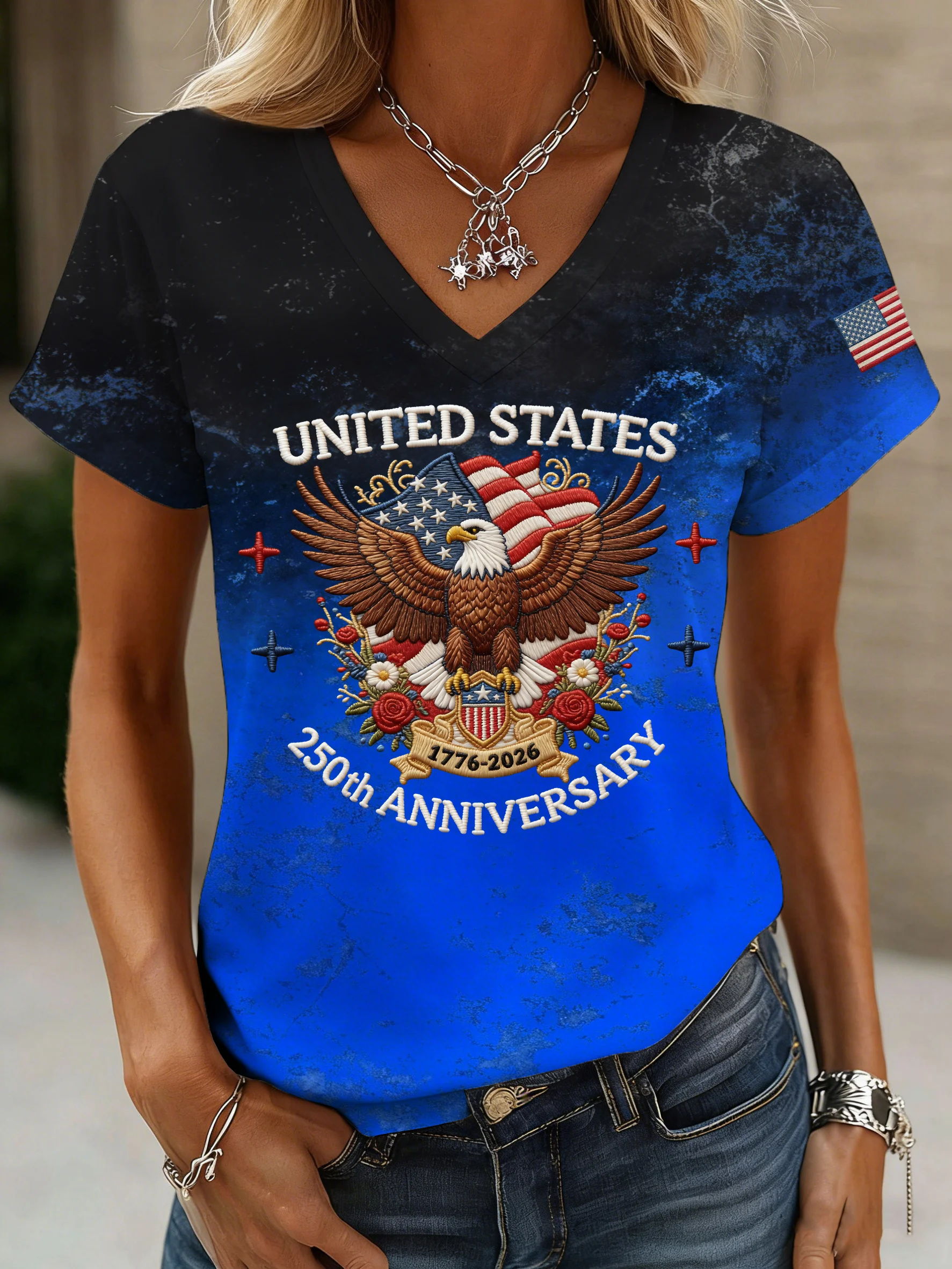 Women's American 250th Anniversary Print Casual V-Neck Top