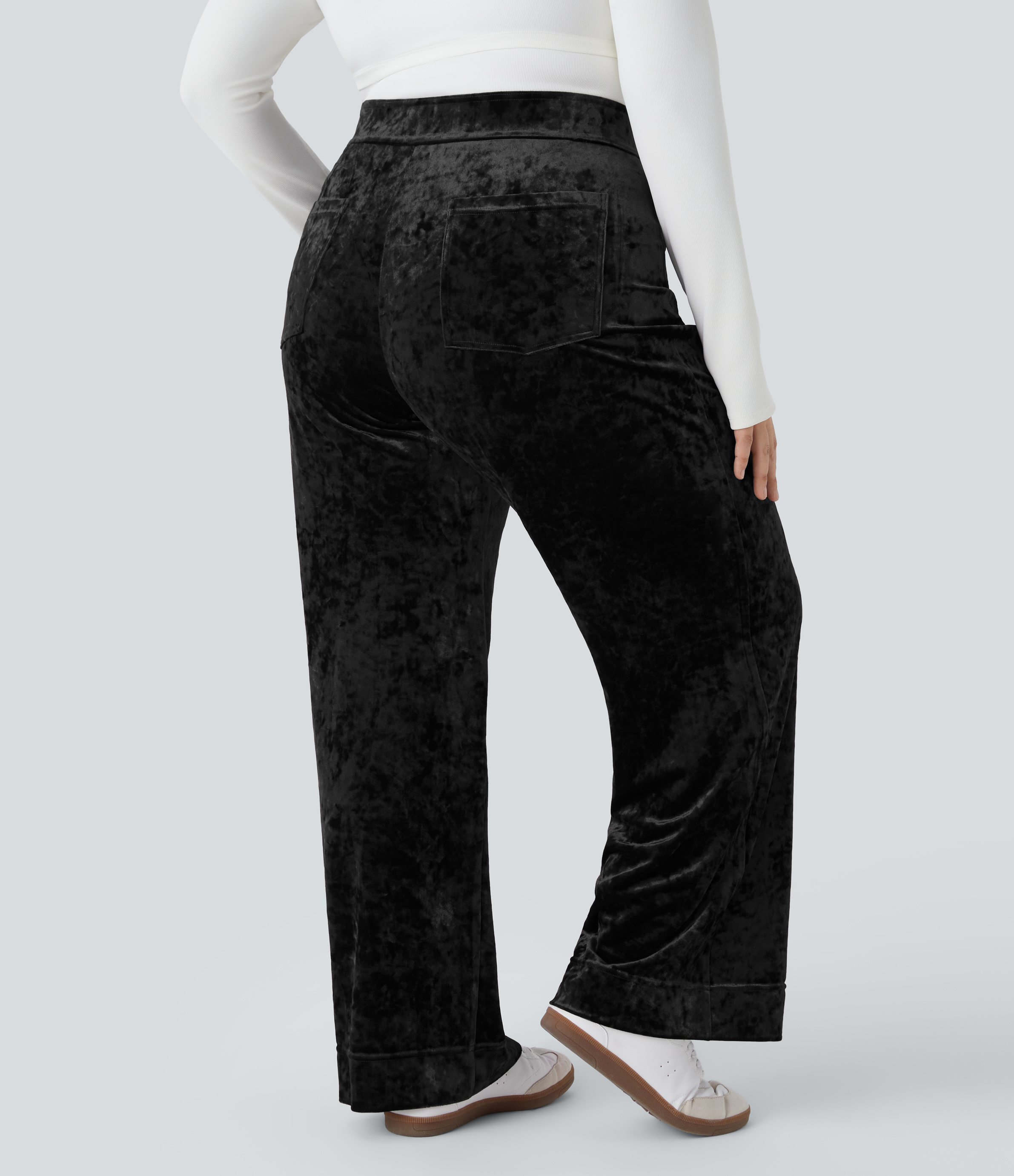 High Waisted Pockets Straight Leg Velvet Casual Plus Size Pants
