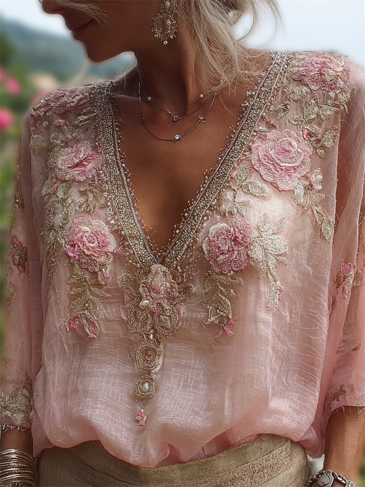 Boho Roses Embroidered Lace Flowy Linen Tunic