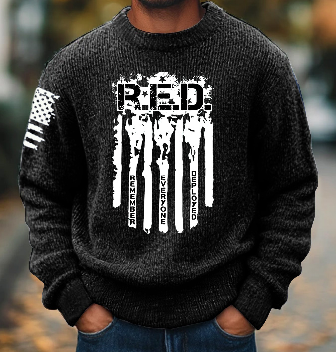 RED Friday Remember Everyone Deployed Pattern 300g Wool Blend Classic Crew Neck Sweater