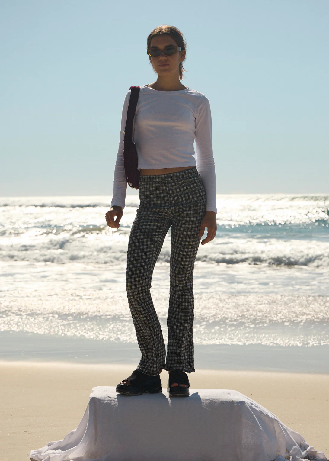 AFENDS Womens Asta - Seersucker Flare Pant - Steel Check