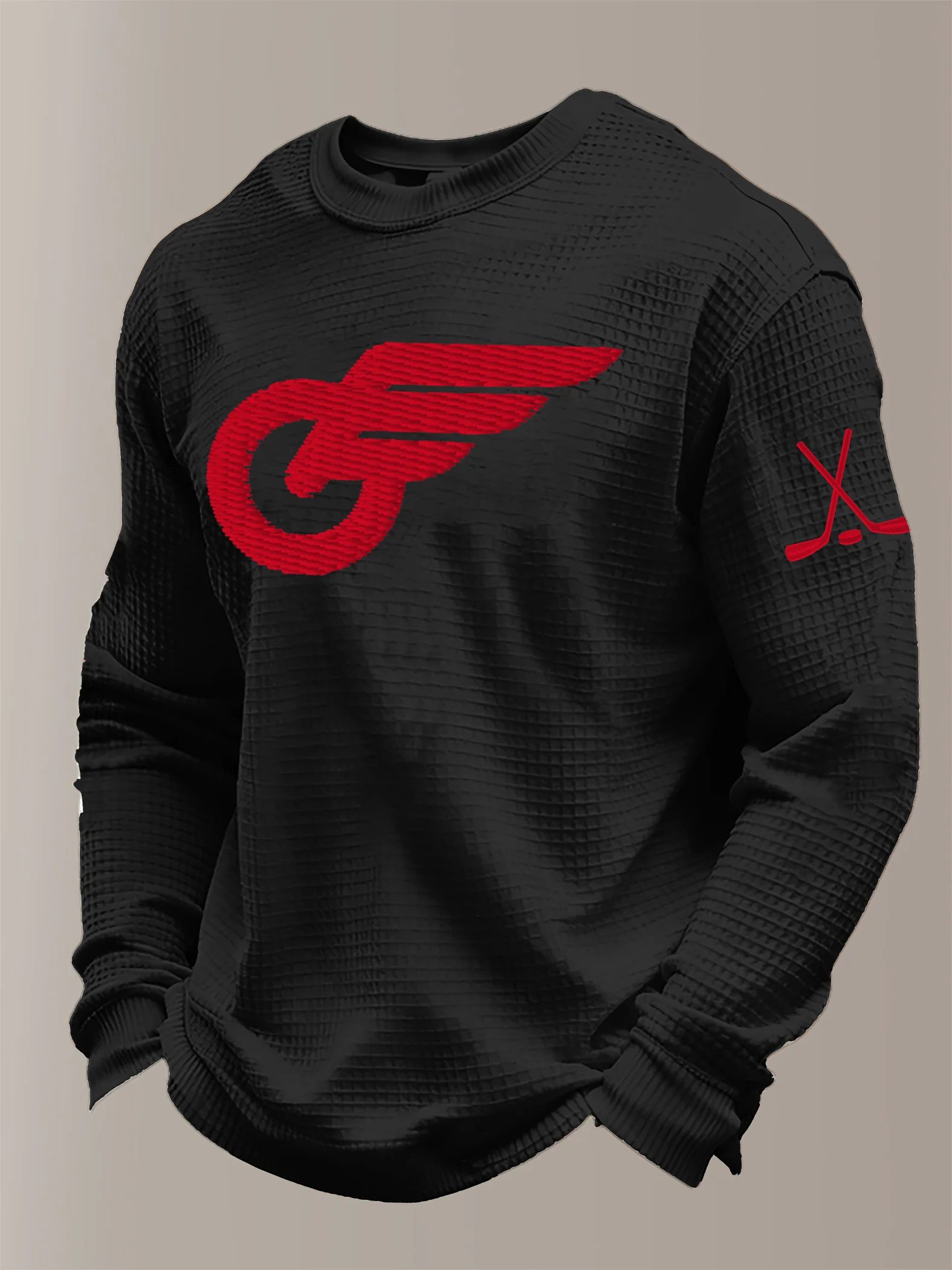 Men's hockey-print waffle-knit long-sleeved T-shirt