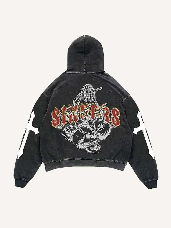 Palm&Skull&Letter Print Slant Pockets Hoodie