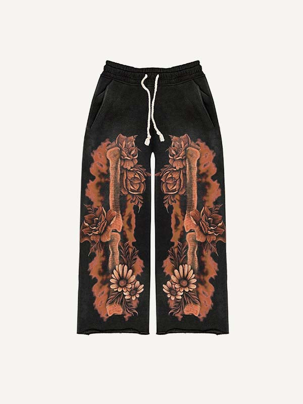 Skeleton&Floral Print Elastic Waist Pants