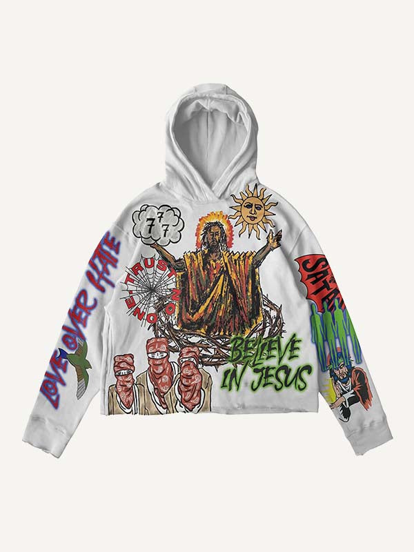 Demon&Eye&Sun&Dog&Letter Print Slant Pockets Hoodie