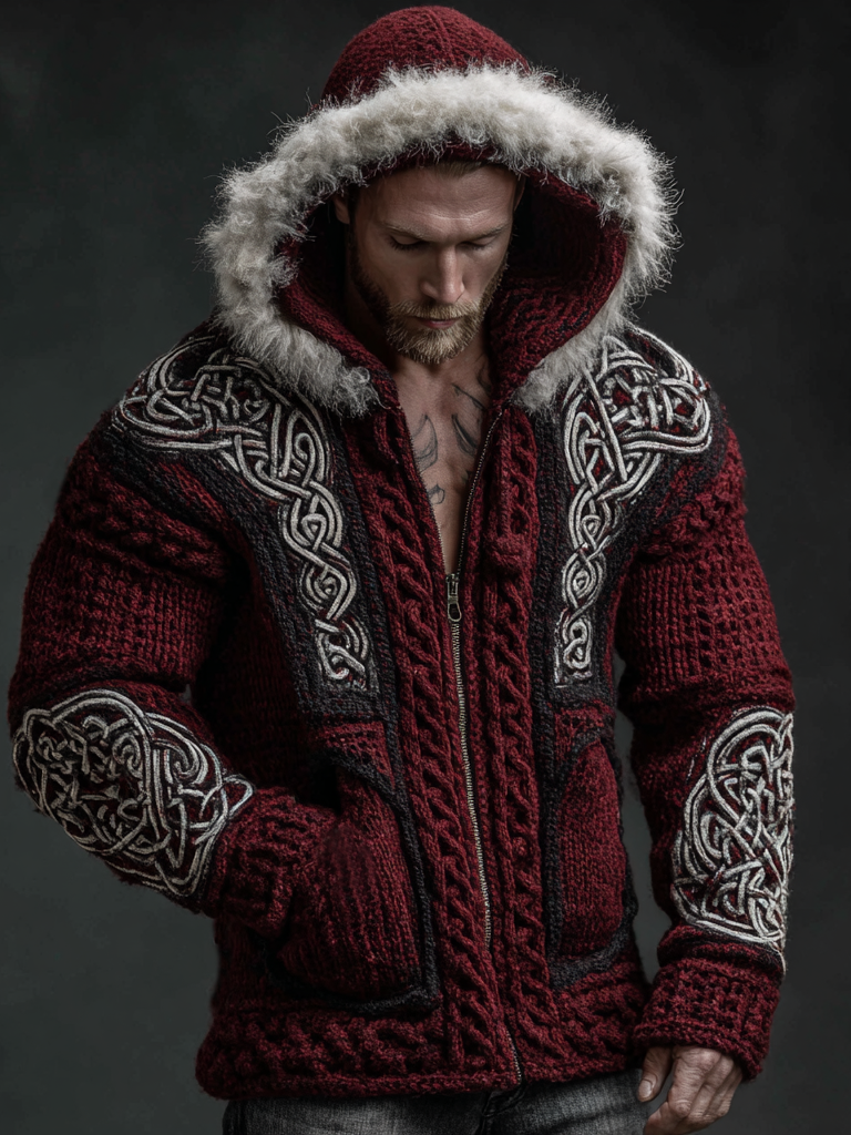Men's  Retro Celtic Knot Art  Knitted Hoodie Sweater Jacket