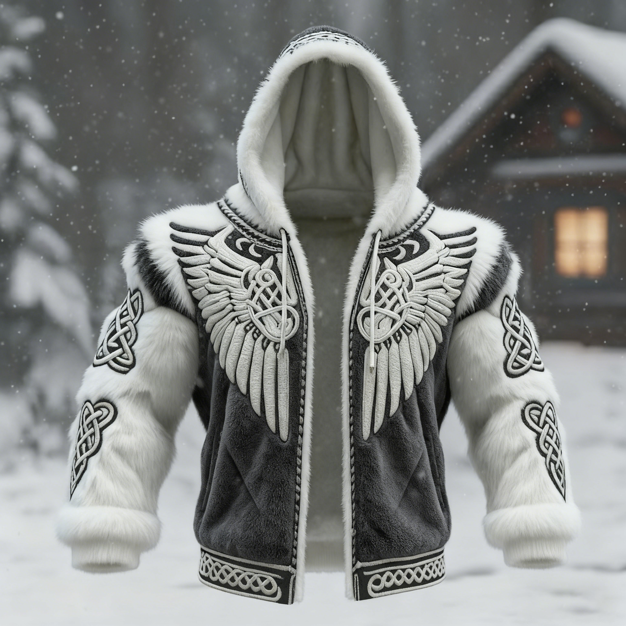 Men's Viking Tribal Jacquard Celtic With Wings Inspired Art Plush Warm Zipped Hooded Jacket