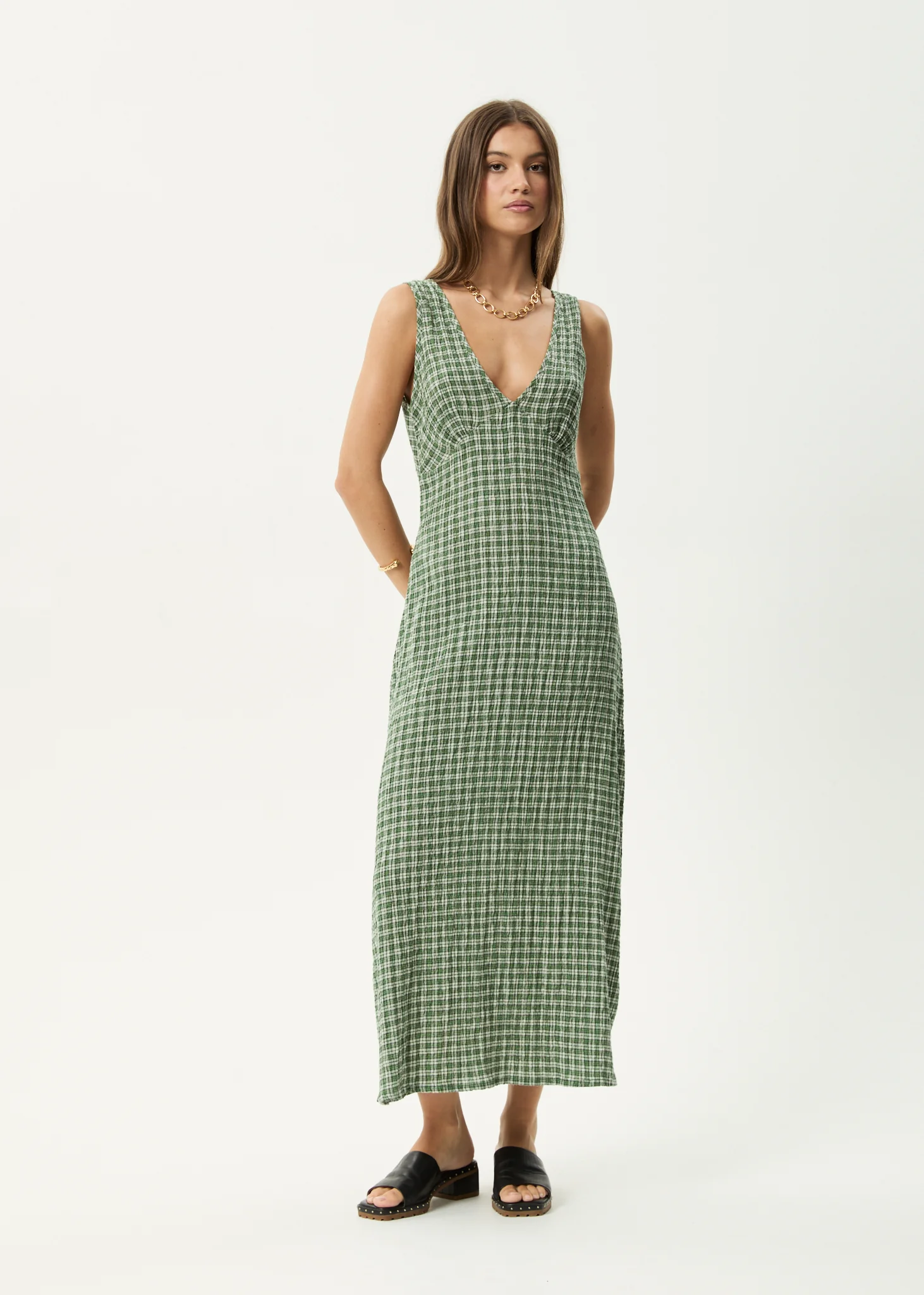 AFENDS Womens Base Tully - Seersucker Maxi Dress - Deep Green Check