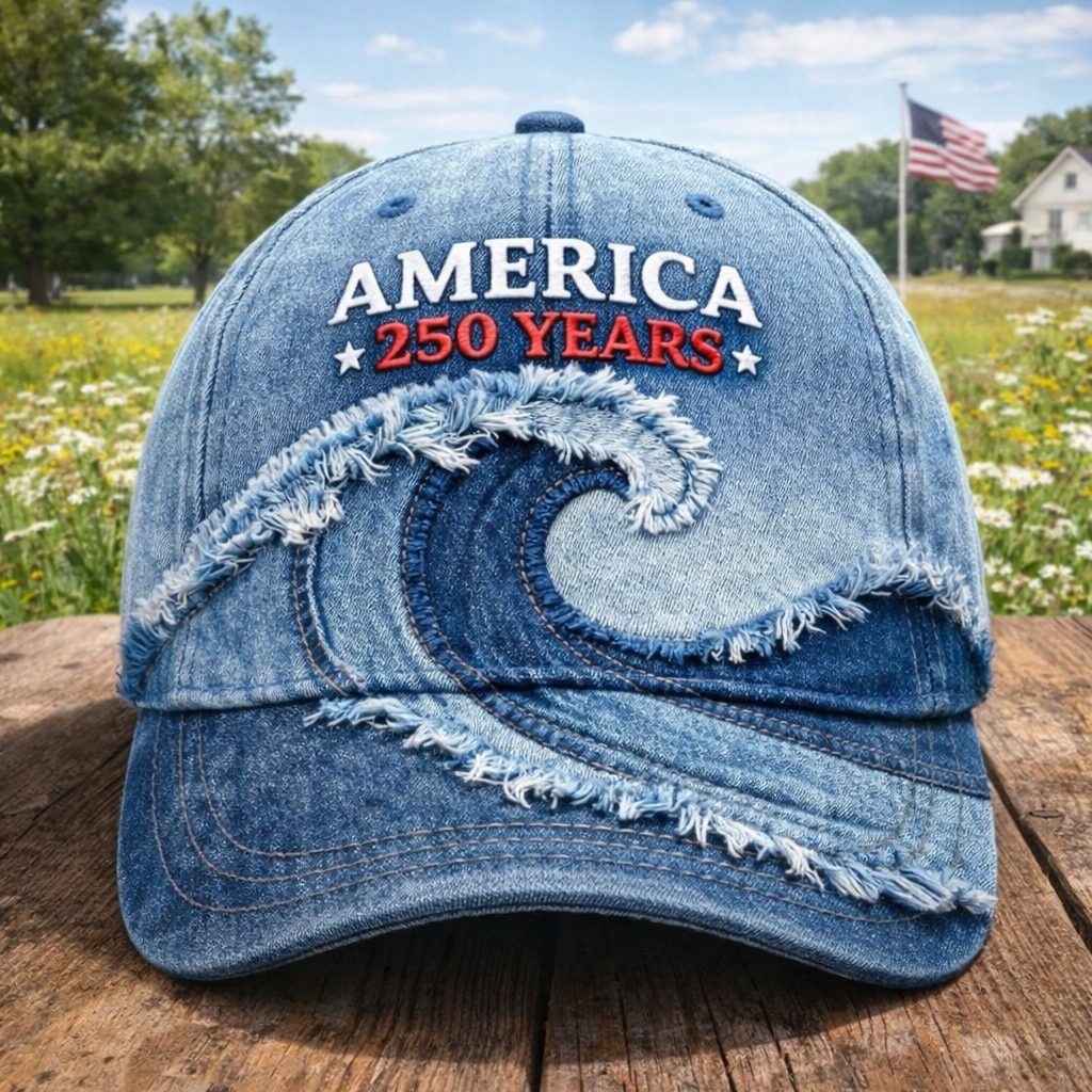 America 250 Years Embroidered Denim Baseball Cap – Vintage Distressed Wave Patch Patriotic Adjustable Dad Hat