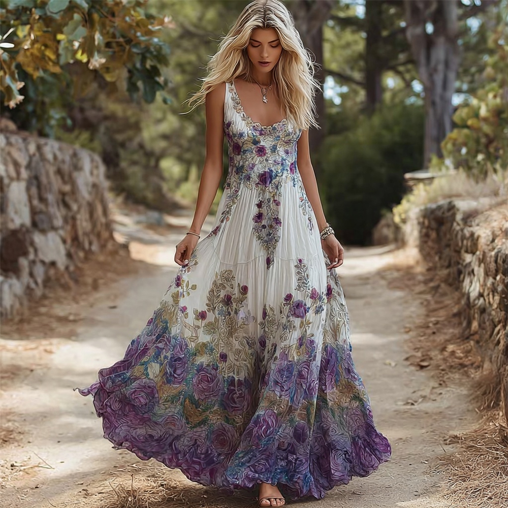 Vintage Boho Purple Roses Art Flowy Linen Maxi Tank Dress