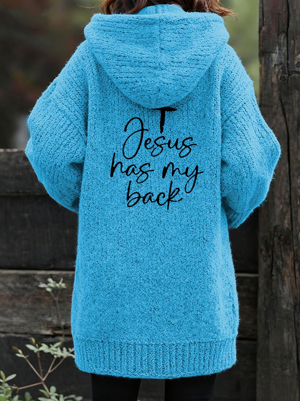 Women's Jesus Has My Back Printed Warm Knit Cardigan
