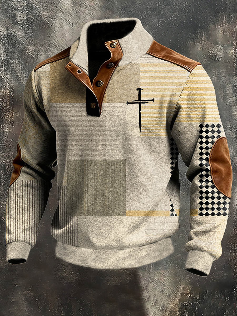 Men's Vintage Faith Print Four-button Hoodie