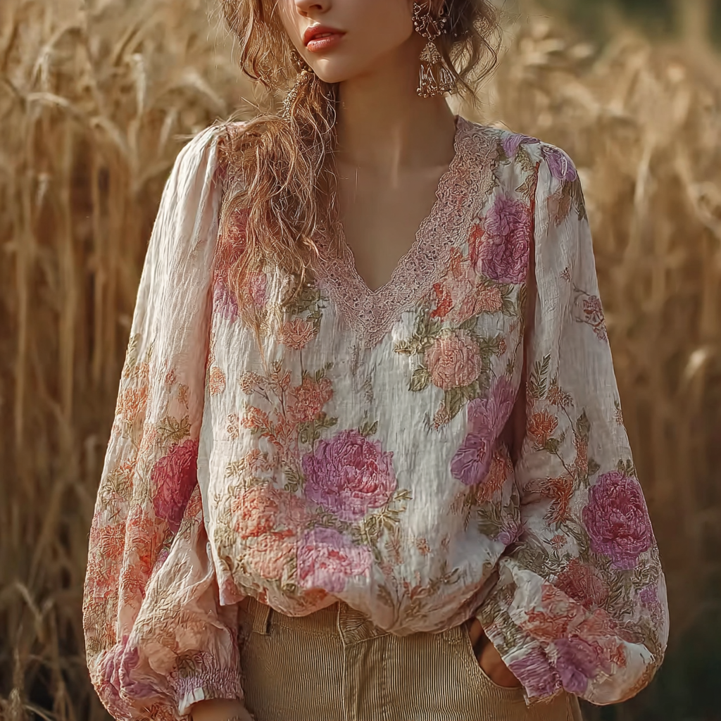 Bohemian Retro Countryside Style Plant Flower Design Cotton And Linen Women's Long-sleeve Shirt