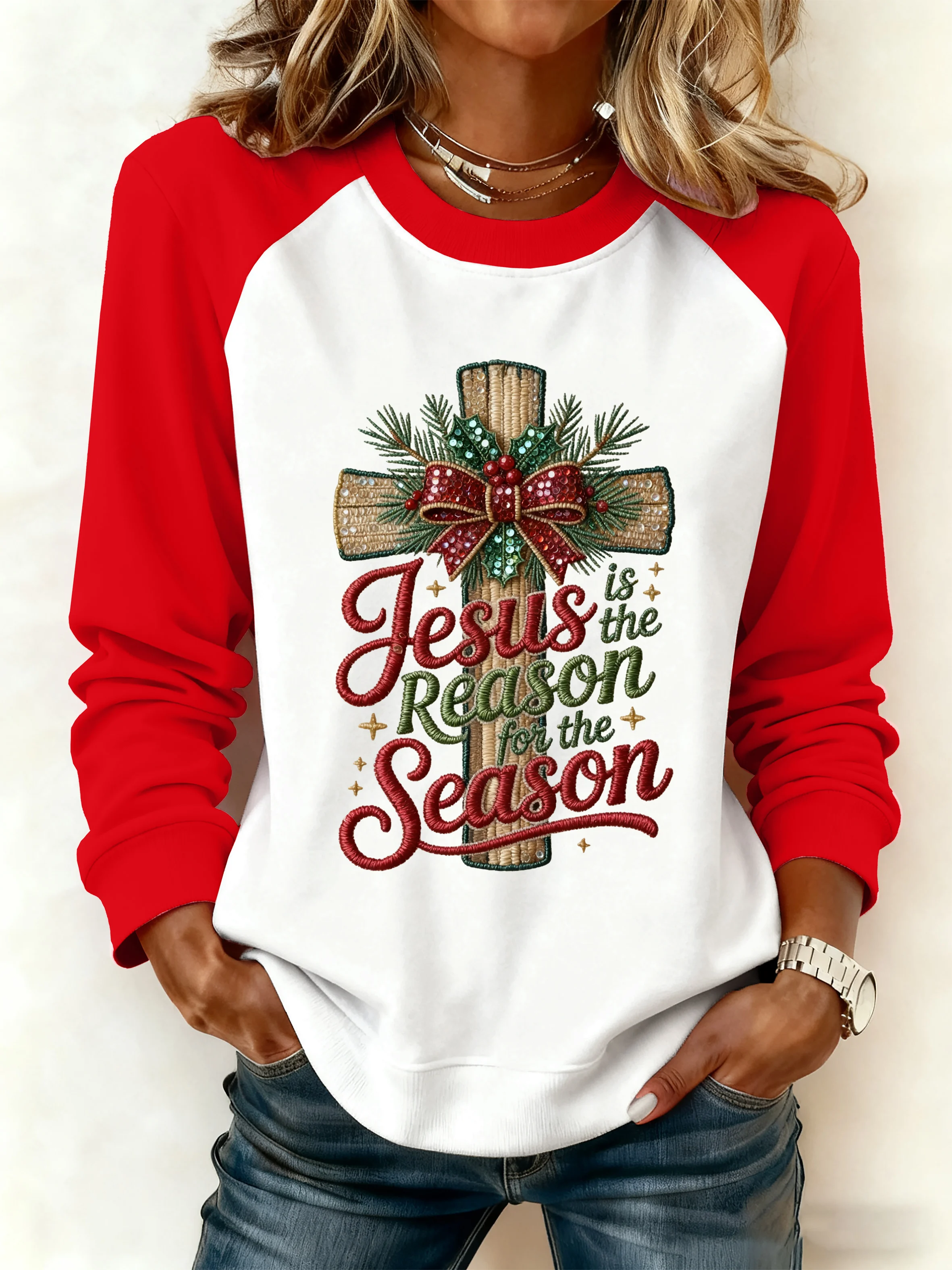 Women's Casual Faith Christmas Contrasting Color Sweatshirt-Fast Shipping