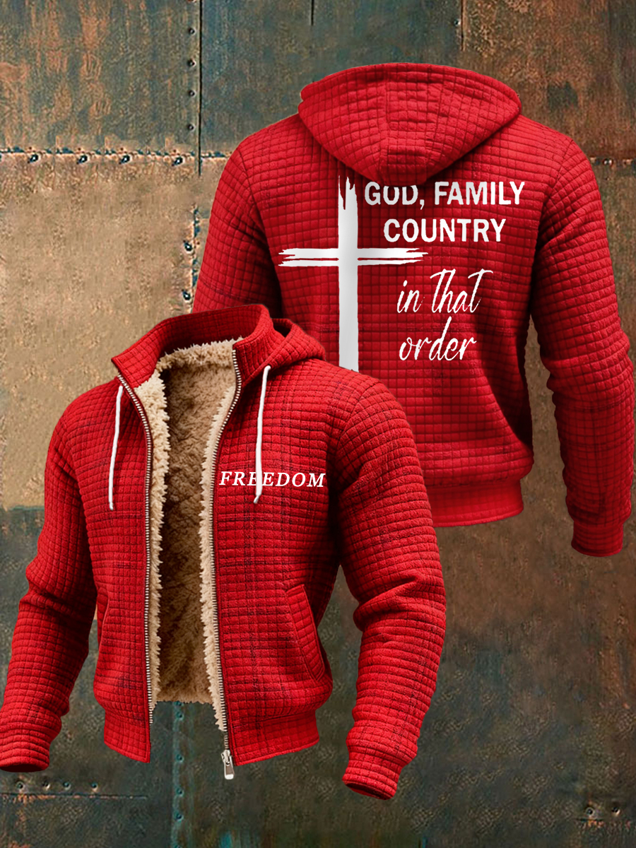 Men's Freedom God Family Country In That Order Print Plush Zipper Hooded Jacket