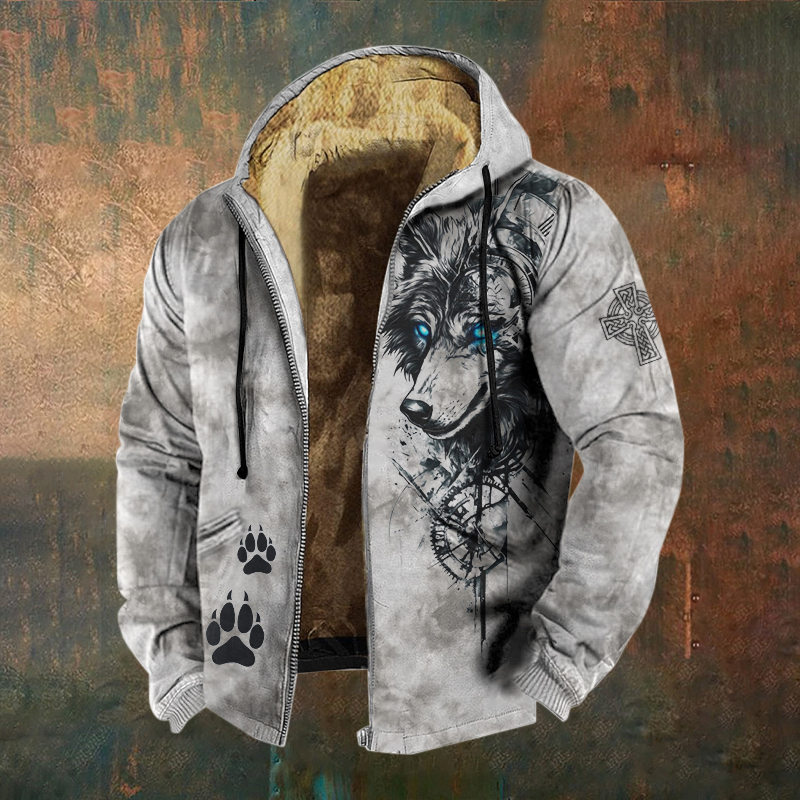 Men's Retro Viking Wolf Print Casual Zip Up Jacket