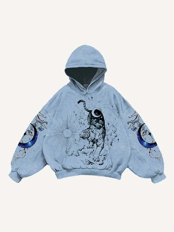 Tiger&Dragon&Phoenix&Sun&Moon Print Slant Pockets Hoodie
