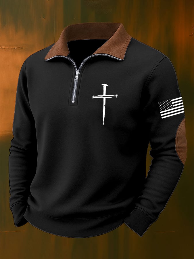 Men's Vintage Faith Cross Design Zipper Sweatshirt