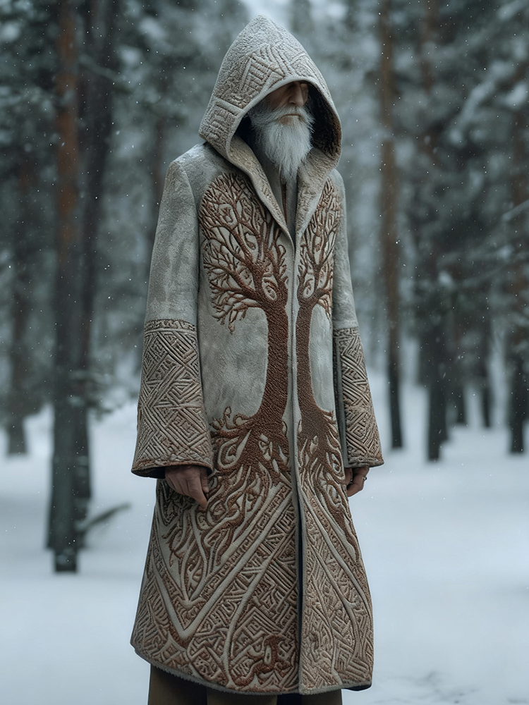 Men's Viking Celtic Knot With Tree Of Life Pattern Hooded Kaftan Cloak Jacket