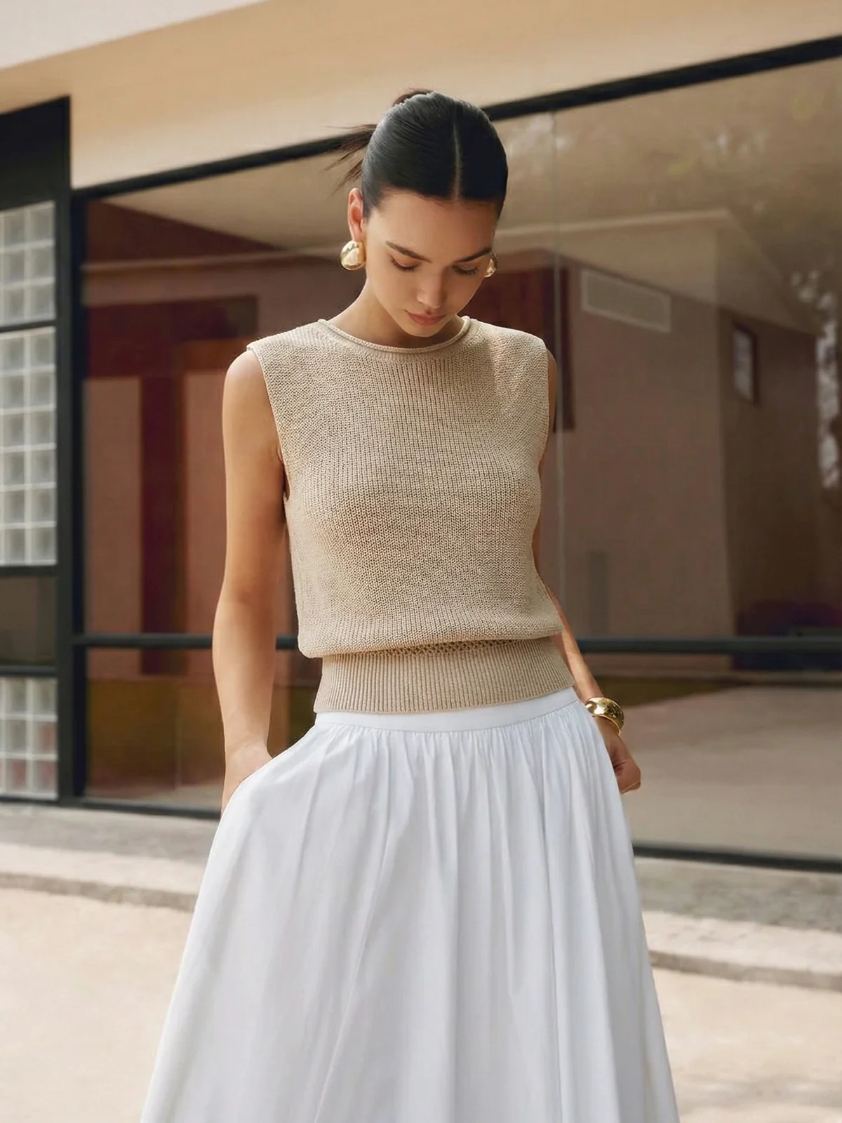 Bloused Waist Sleeveless Knit Top