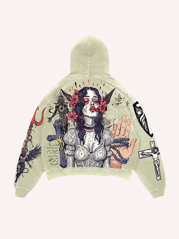 Figure&Cross&Demon&Wing&Palm&Animal&Letter Print Slant Pockets Hoodie