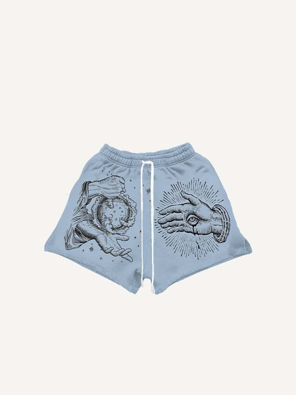 Palm&Eye&Moon&Sun Print Drawstring Waist Shorts