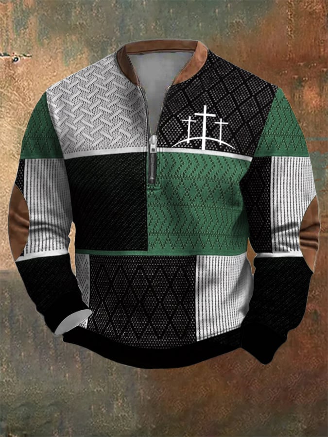 Men's Retro Western Textured Faith Cross Print Zipper Neck Sweatshirt