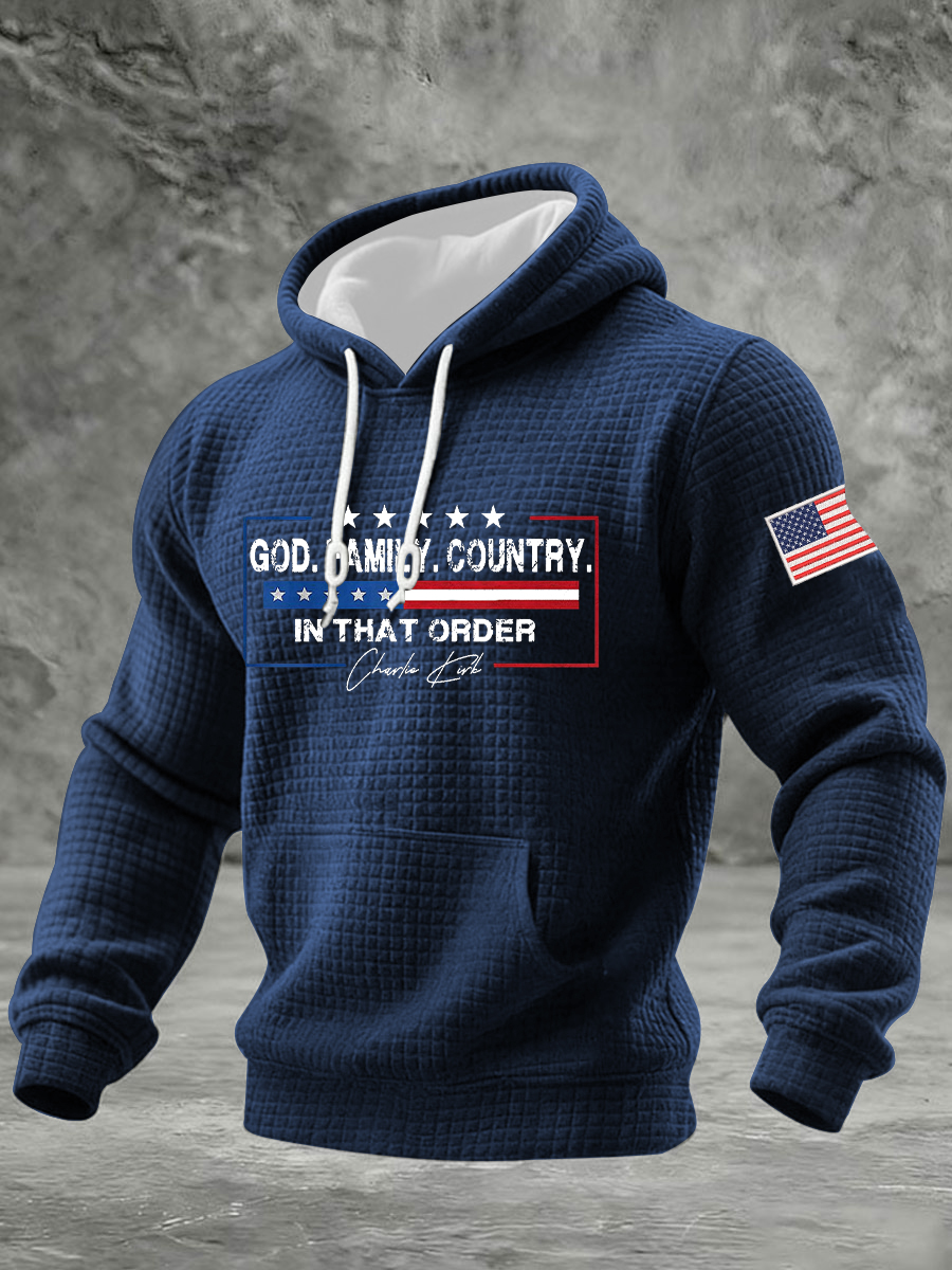 Men's Freedom God Family Country In That Order Printed Checkered Cotton Hoodie