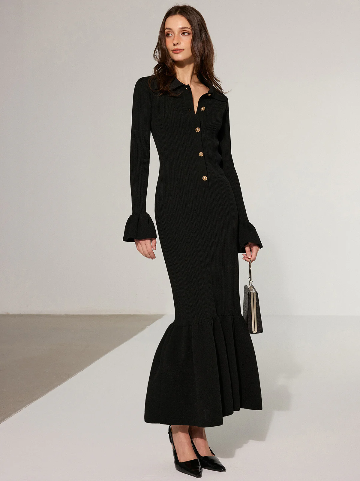 Mermaid Hem Collared Knit Maxi Dress