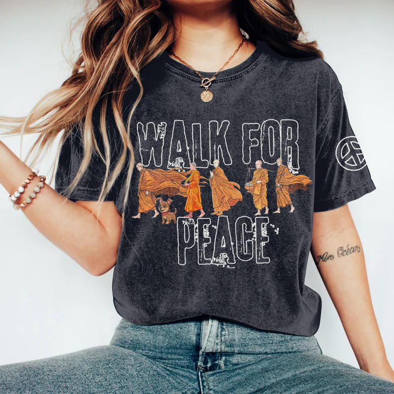 Women's Walk For Peace Monks With Aloka Dog Print Washed T-shirt