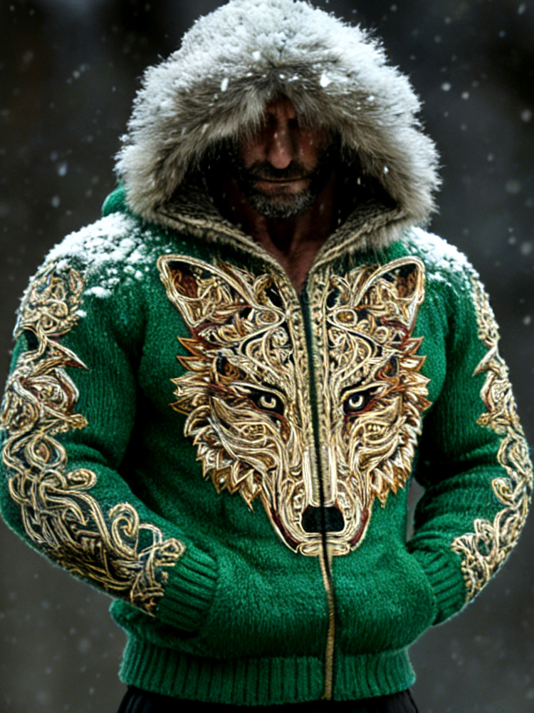 Men's Retro Viking Wolf Embroidered Print Hooded Jacket